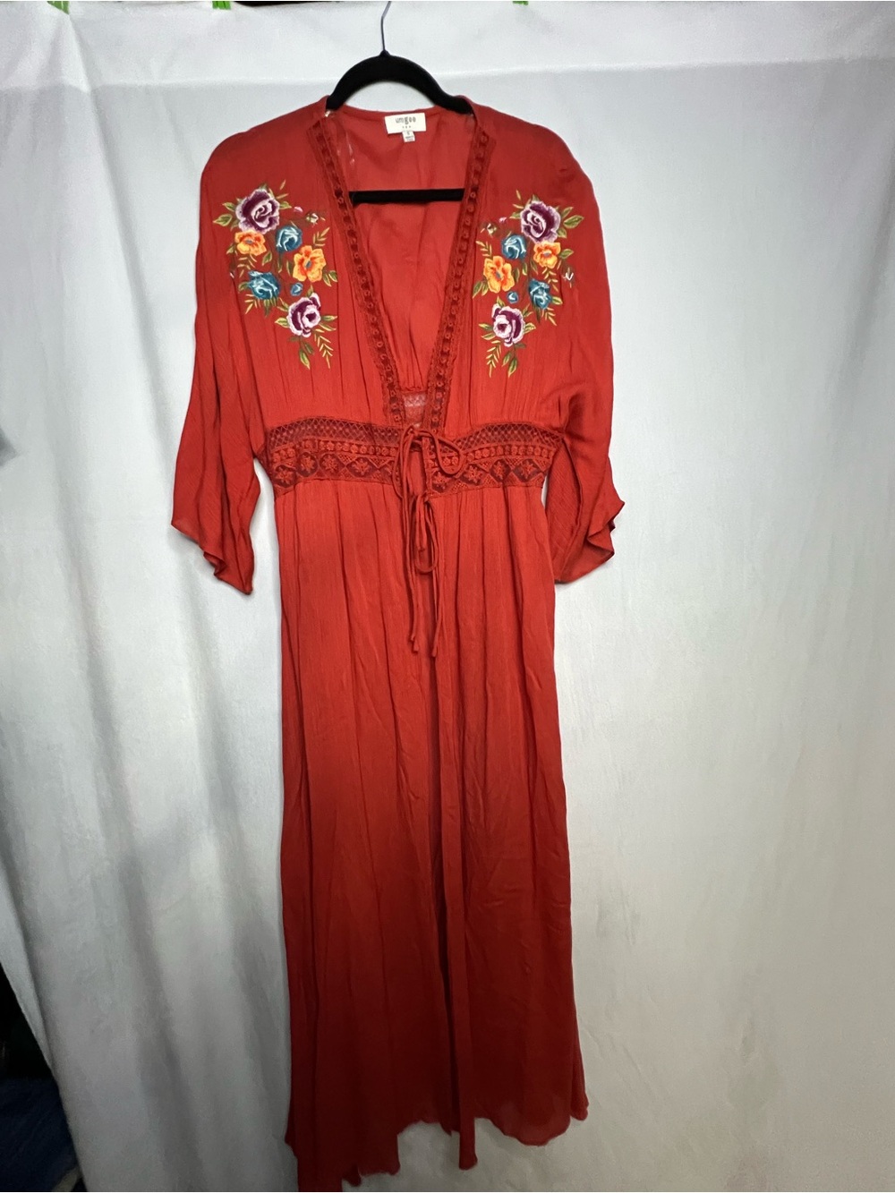 Umgee Small Embroidered Rust Maxi Duster with Tie Waist PTP 19”+
